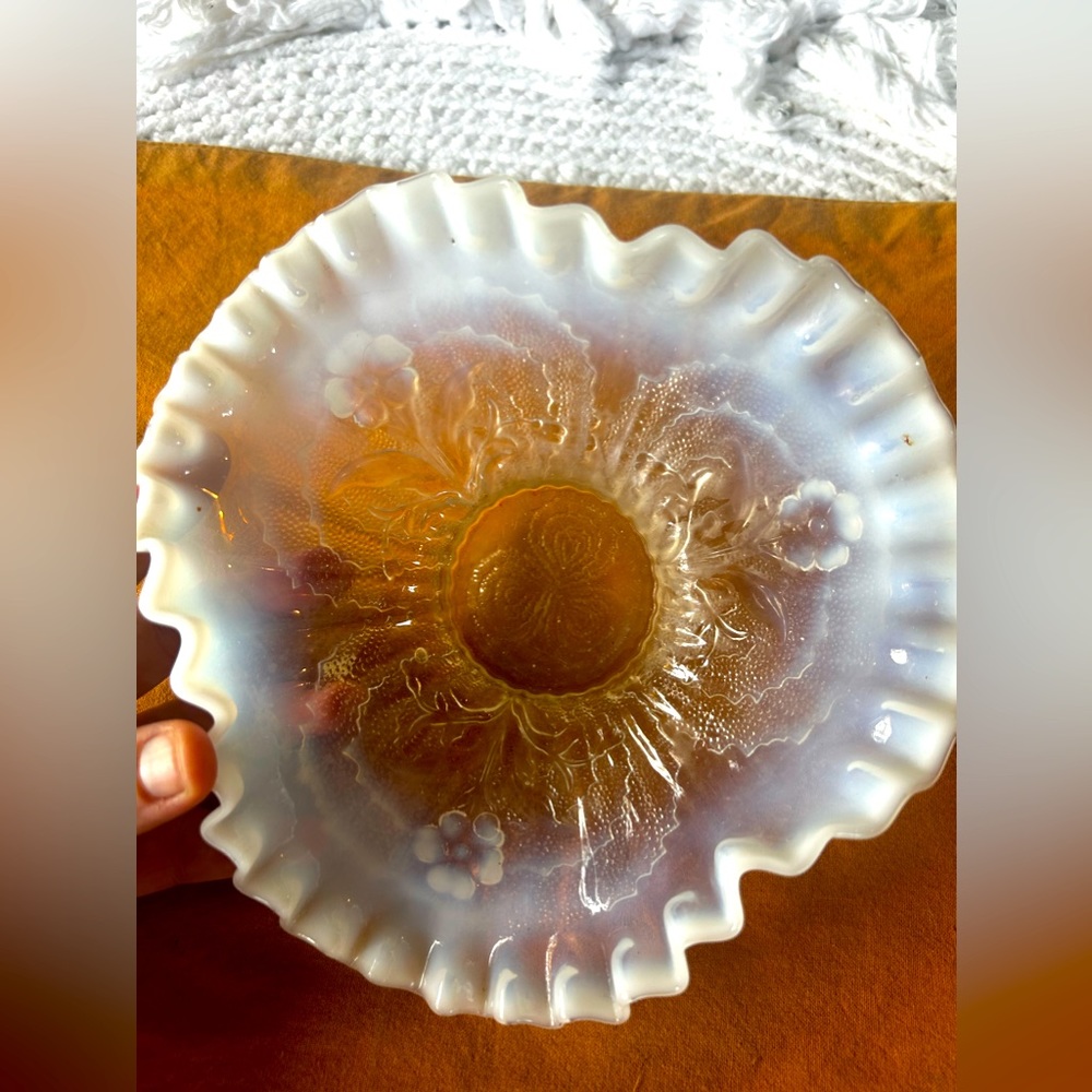 Antique Dugan Glass Opalescent “Wilted Flowers” Tri Corner Art Glass Bowl